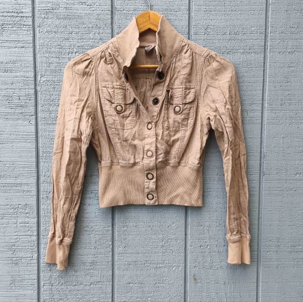 y2k SO Linen Cotton Cropped Bomber Jacket XS/S Beige Tan Cool Girl Soft Grunge